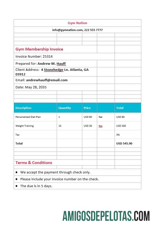 imprimível Modelo de fatura de associação de academia